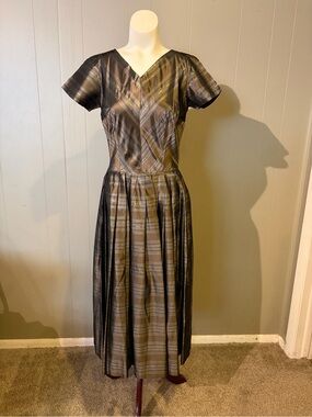 Vintage Brown and Silver Plaid V-Neck Dress Handmade Like New Condition